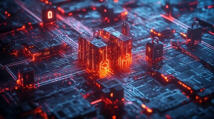 Conceptual Digital Fortress with Encrypted Data Streams and Glowing Locks Protecting from Cyber Attacks