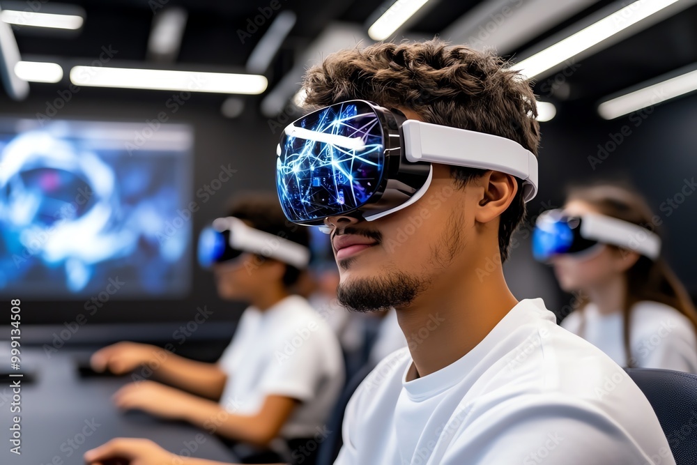 Poster futuristic digital literacy class, where students use holographic screens and virtual reality headse