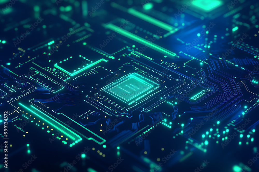 Poster abstract representation of a digital circuit board with glowing elements.