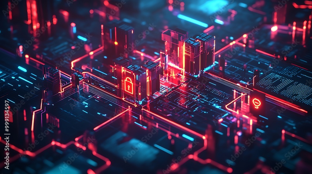 Poster Conceptual Digital Fortress with Encrypted Data Streams and Glowing Locks Protecting from Cyber Attacks