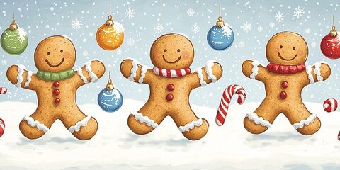A cheerful and whimsical holiday illustration featuring a smiling gingerbread man surrounded by Christmas ornaments, candy canes, and snowflakes.