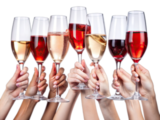 Six hands raise glasses of different wines, a white wine, a rose wine, two red wines, and a champagne, in a celebratory toast