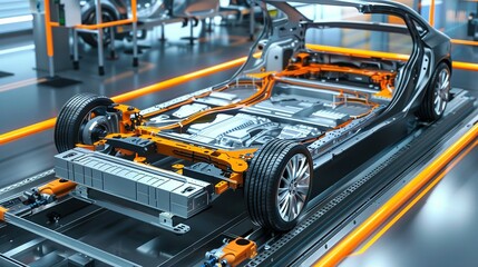 Fototapeta premium A cutaway view of an electric car chassis on an assembly line, revealing the battery and other components.