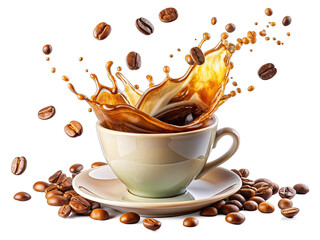 A white coffee cup with a splash of coffee and coffee beans flying around it, all against a white background