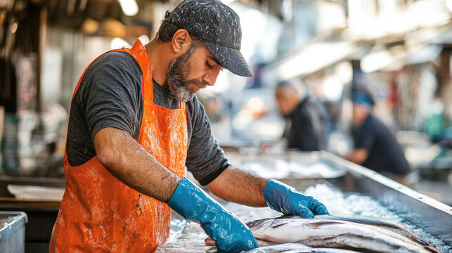 Middle-aged man working at a bustling fish market, wearing an orange apron and blue gloves, carefully handling fresh fish.