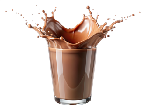 A glass of chocolate milk with a large splash reaching upwards. The glass is isolated on a pure white background