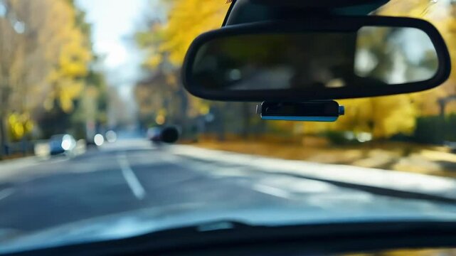 Capturing scenic drive on sunny autumn day, compact dashboard camera securely mounted on windshield records road and traffic ahead, providing sense of safety and security while traveling