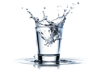 A single glass of water sits on a white background, with water splashing out of the glass as if something were dropped into it. The splash creates a dramatic, dynamic scene