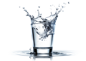 A single glass of water sits on a white background, with water splashing out of the glass as if something were dropped into it. The splash creates a dramatic, dynamic scene