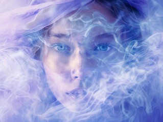 ethereal beauty emerges from swirling lavender mist her serene gaze piercing through the haze dreamy pastel blue backdrop creates an otherworldly atmosphere