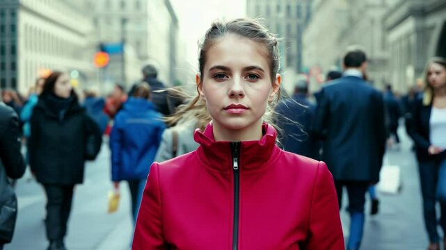 A young woman walking with purpose through a busy city street, standing out among the crowd with a determined expression. The urban energy contrasts her focused movement.