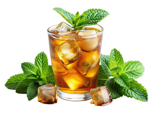A glass of iced tea filled with ice cubes and topped with fresh mint leaves sits on a white background