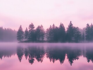 Fototapeta premium ethereal dawn landscape misty pastel pink and purple gradient sky silhouetted trees serene lake reflection