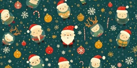 A festive Christmas-themed seamless pattern featuring cute illustrations of Santa Claus, elves, reindeer, candy canes, snowflakes, and ornaments.