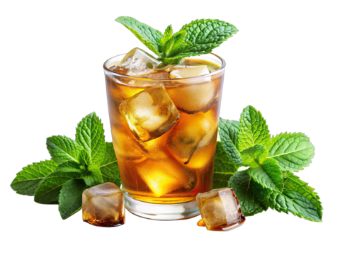 A glass of iced tea filled with ice cubes and topped with fresh mint leaves sits on a white background
