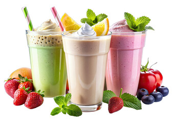 Three colorful milkshake smoothies with whipped cream and fresh fruit on a white background. Smoothies are green, beige, and pink with strawberries, blueberries, mango, orange, and tomatoes