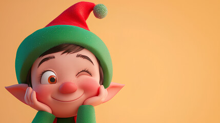 Cartoon elf with a green hat and a red nose is smiling
