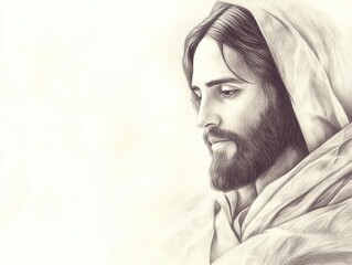 Obraz premium ethereal pencil sketch of jesus christ delicate lines capturing serene expression halo of light flowing robes white background with subtle shading