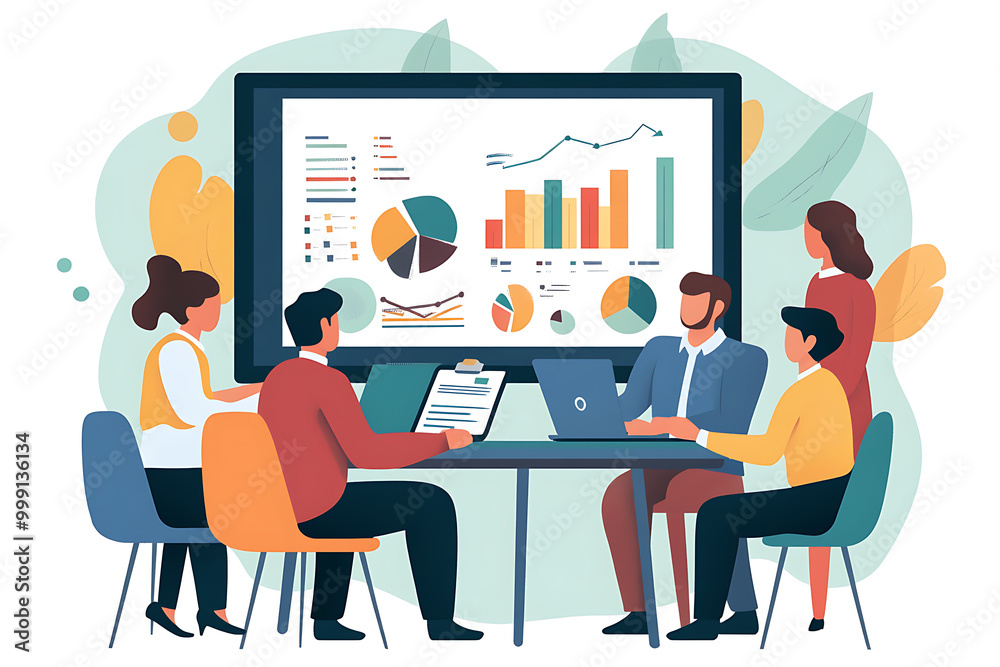 Poster team meeting analyzing data with charts and graphs displayed on a screen.