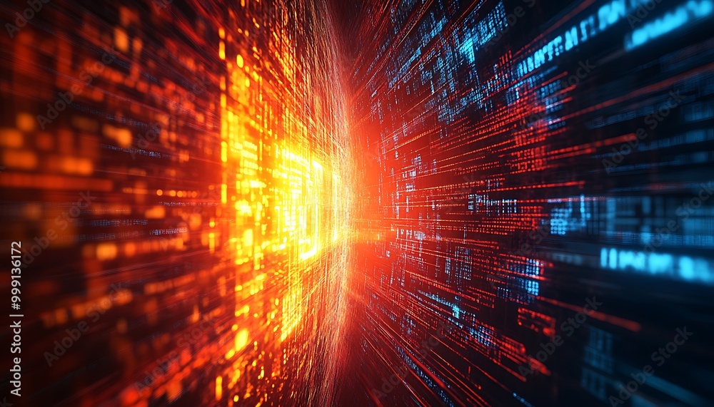 Poster Illustration of Cyber Attack with Dark Digital Lines and Glowing Firewall Protecting Sensitive Data