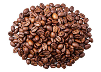 Fototapeta premium A close-up, flat lay view of a large group of roasted coffee beans arranged in a circular pile on a white background