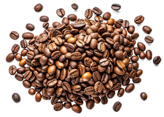 Obraz premium A pile of roasted coffee beans are scattered on a black background. Some of the beans are falling from the top of the pile