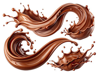 A series of brown chocolate liquid splashes and swirls in mid-air, creating a dynamic and artistic composition