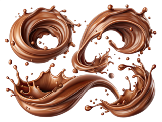 A set of brown chocolate liquid splashes swirls and artfully shapes on a white background