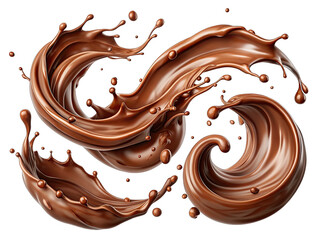 A set of swirling, splashing, brown chocolate liquid creates an abstract design against a white backdrop