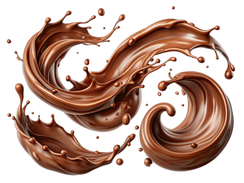 A set of swirling, splashing, brown chocolate liquid creates an abstract design against a white backdrop