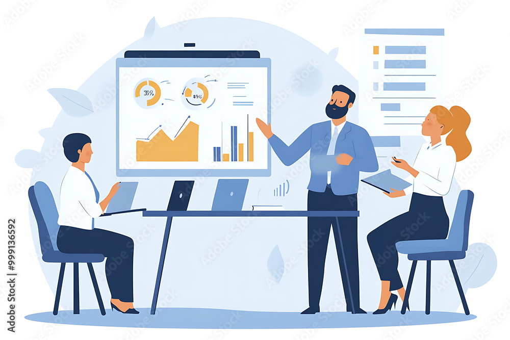 Poster a business meeting with a presentation on data analysis and charts.