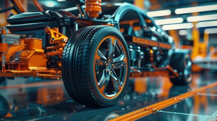 Fototapeta premium A Close-Up of the Wheel of an Orange and Black Car on an Assembly Line