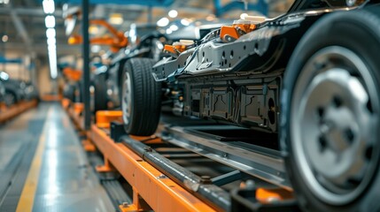 Fototapeta premium Close-up of a car chassis on an assembly line