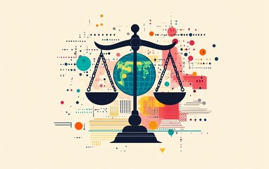 A dynamic flat design of justice scales with a balanced globe, representing global equity and fairness, set against a vibrant, modern backdrop