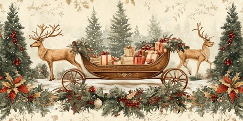  A beautifully illustrated Christmas scene featuring a vintage sleigh adorned with festive gifts and holiday greenery. 