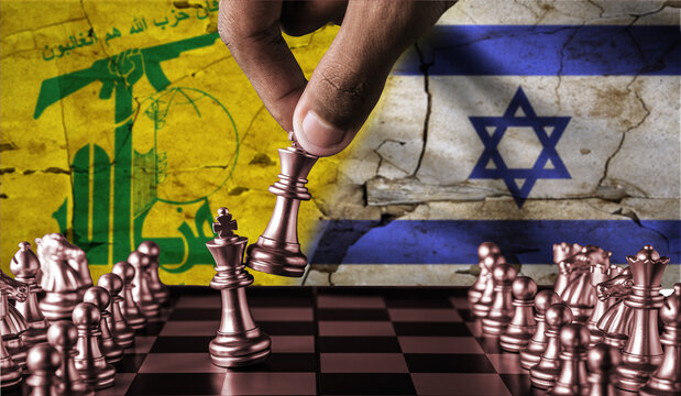 Israel vs Hezbollah flag concept on chessboard. War between Hezbollah and Israel. Conflict between Hezbollah and Israel on pieces of chessboard