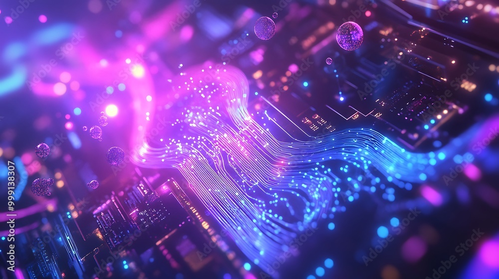 Poster Futuristic Quantum Computer with Swirling Data Particles and Entangled Qubits Representing Quantum Computing Power
