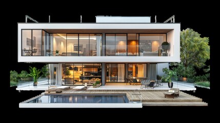 Modern two-story home with a glass facade and pool