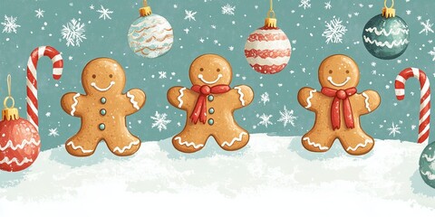 Obraz premium A cheerful holiday scene featuring three smiling gingerbread men dressed in colorful scarves, standing in a snowy landscape. 