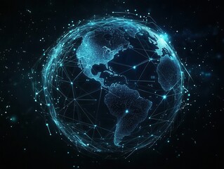 futuristic global network visualization interconnected glowing blue lines forming earths silhouette dark background with digital elements representing internet and ecommerce