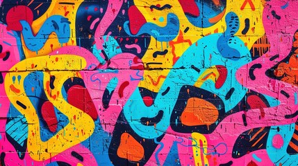 Abstract Graffiti Artwork with Vibrant Colors and Bold Shapes on a Brick Wall