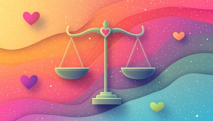 A vibrant flat design of justice scales with a heart symbol, blending the concepts of morality and fairness, with a dynamic and colorful background