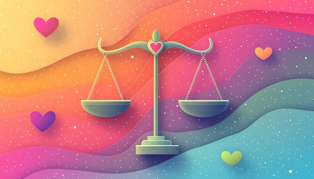 A vibrant flat design of justice scales with a heart symbol, blending the concepts of morality and fairness, with a dynamic and colorful background