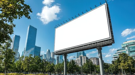 Fototapeta premium A large billboard is in a city park with a clear blue sky