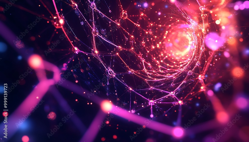 Poster Abstract Illustration of Quantum Entanglement with Floating Qubits Connected by Glowing Lines