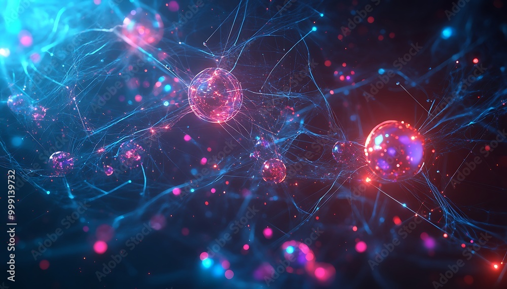 Poster Abstract Illustration of Quantum Entanglement with Floating Qubits Connected by Glowing Lines