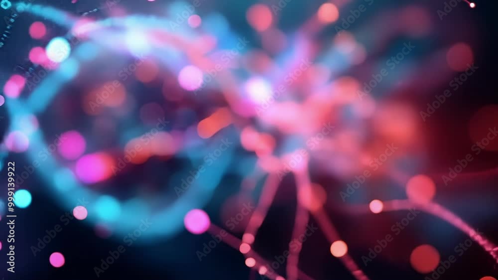 Poster complex structure with glowing particles and lines is forming in the dark background, symbolizing ne