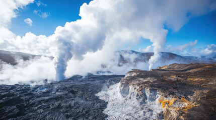 A dramatic landscape with steam billowing from geothermal vents, showcasing rugged terrain under a bright blue sky, highlighting the raw power of nature.