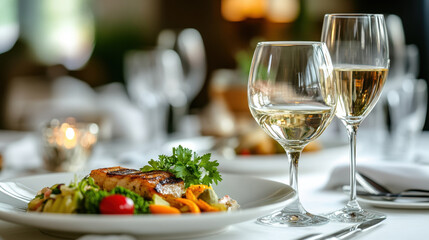 Elegant dining setup with plates of gourmet food and glasses of white wine in a fine dining restaurant setting with a warm and cozy ambiance.