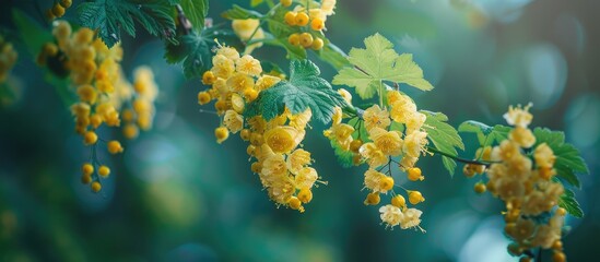 Obraz premium Golden Currant Ribes Aureum Yellow Flowers On A Bush Selective Focus Close Up